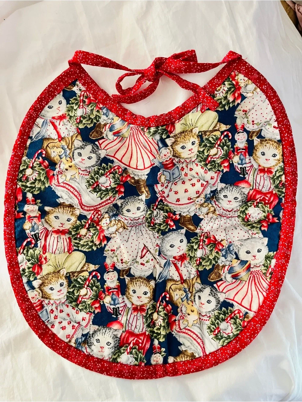 Vintage Handmade Holiday Kitty Print Baby Bib with Red Trim Christmas